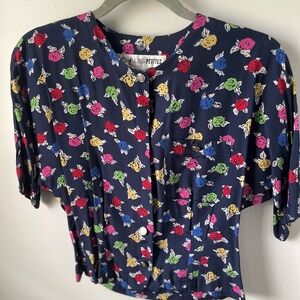 Vintage navy floral button up blouse size 6 small